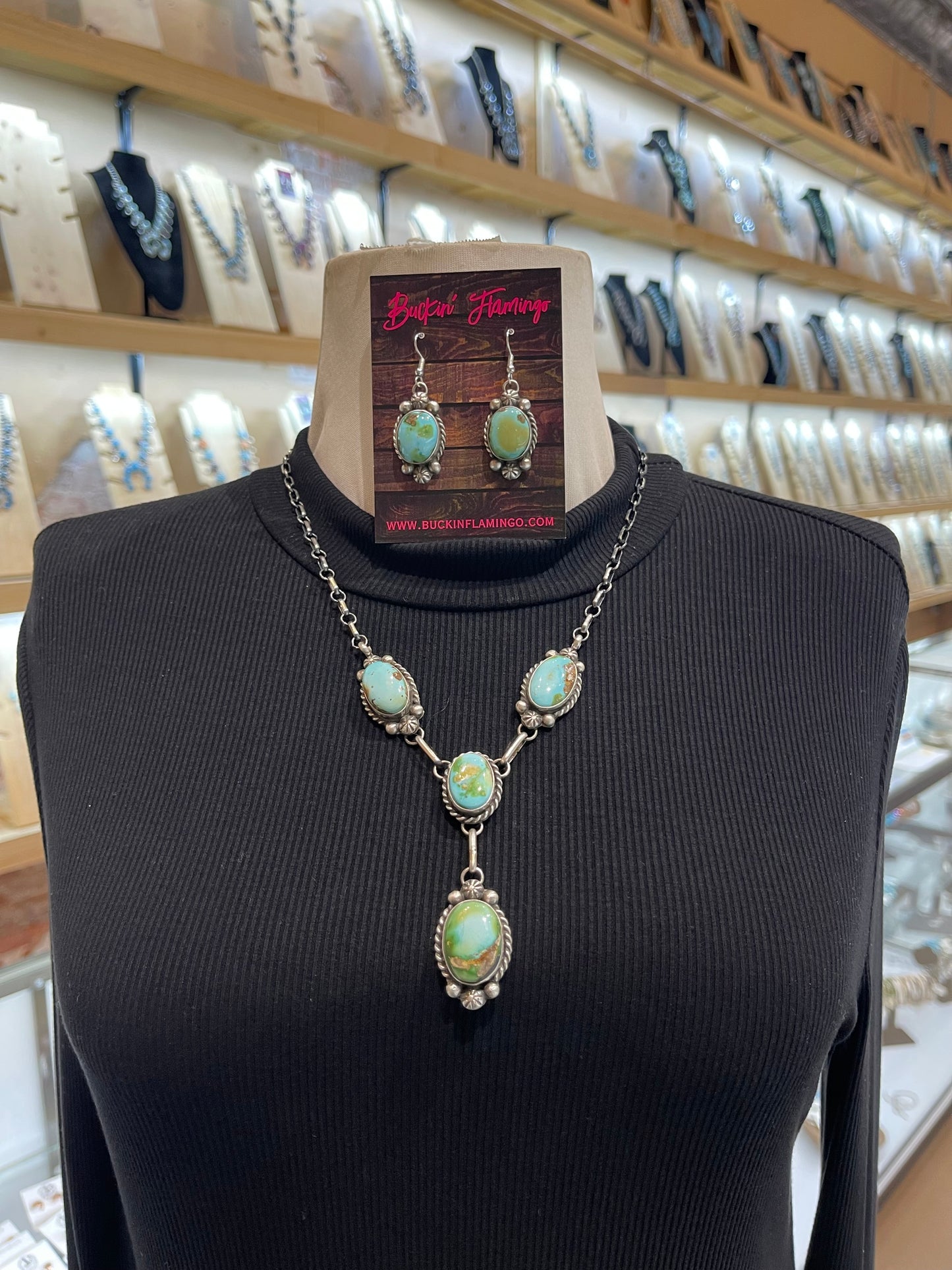 Sonoran Gold Turquoise 4 Stone Lariat 20”+3” Drop & Earring Set by Augustine Largo, Navajo