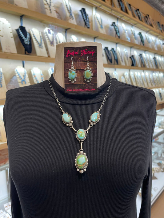 Sonoran Gold Turquoise 4 Stone Lariat 20”+3” Drop & Earring Set by Augustine Largo, Navajo