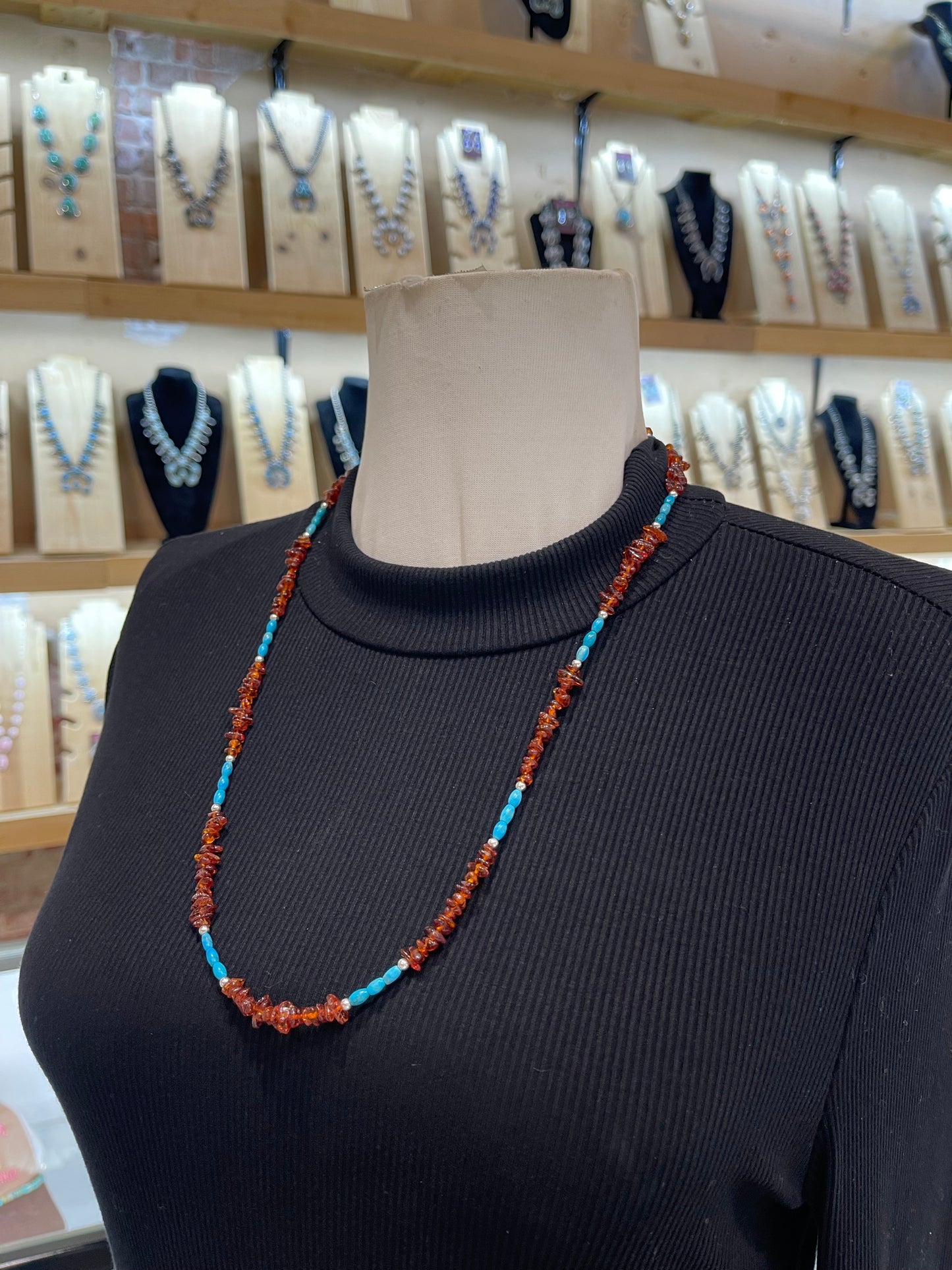 26" Amber & Turquoise Necklace by Tammy Nolcotte, Navajo
