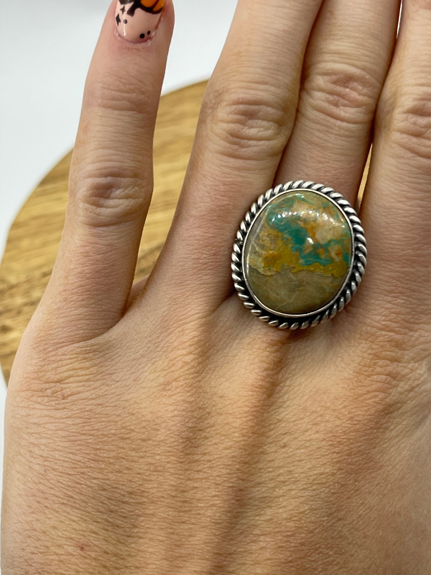 Adjustable Royston Turquoise Round Ring by Donovan Skeets, Navajo