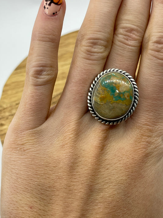 Adjustable Royston Turquoise Round Ring by Donovan Skeets, Navajo