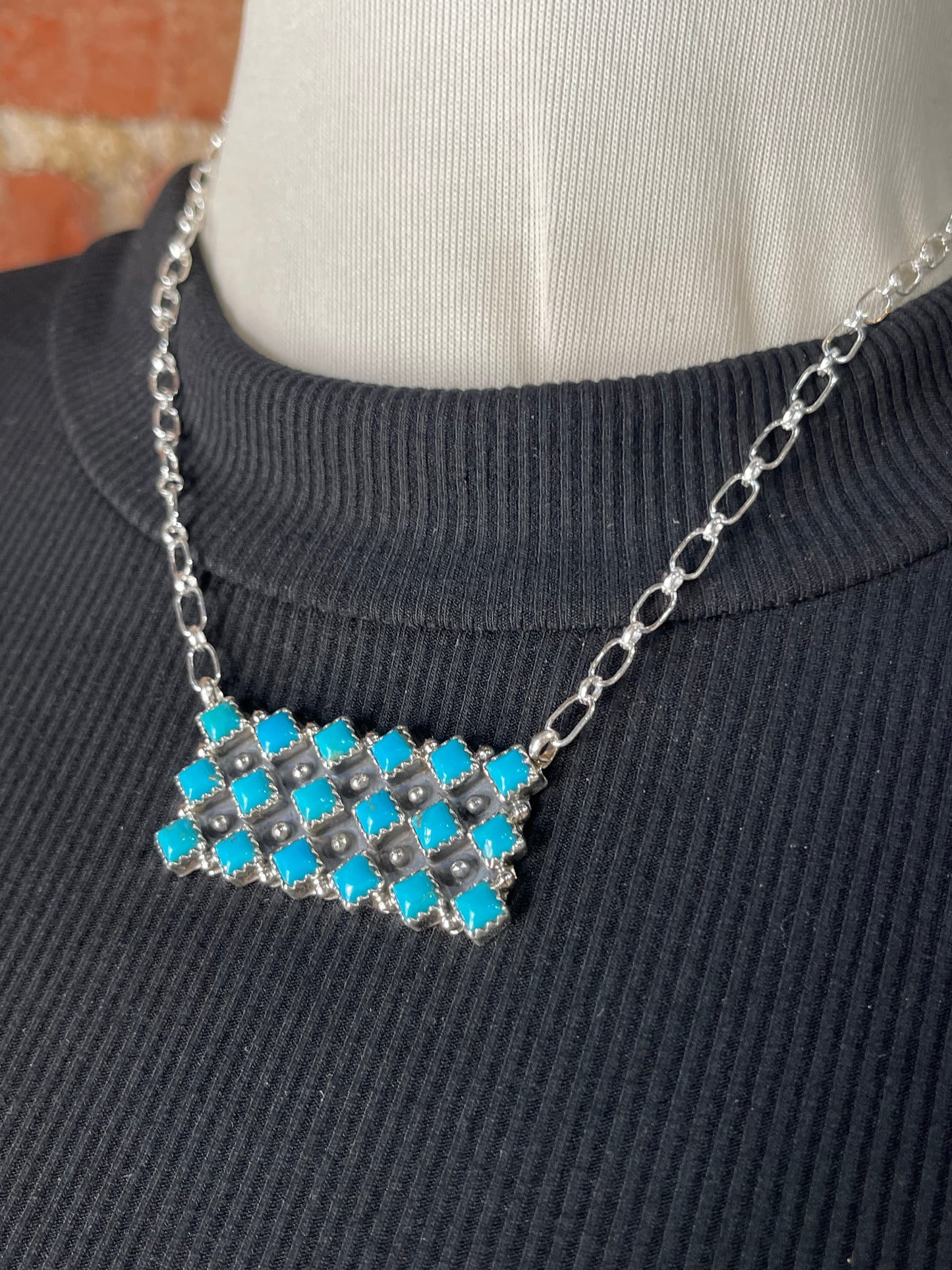 16" 18 Stone Turquoise Bar Necklace by Verley Betone, Navajo
