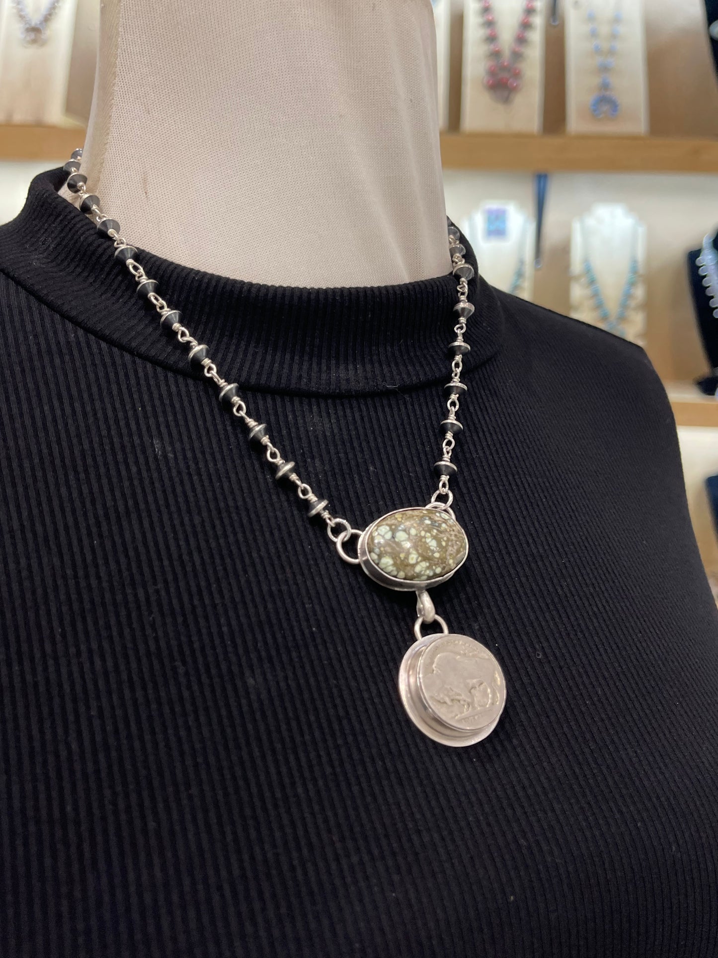 18" Starfox Veriscite Necklace with Buffalo Coin by Calvin Delgarito, Navajo