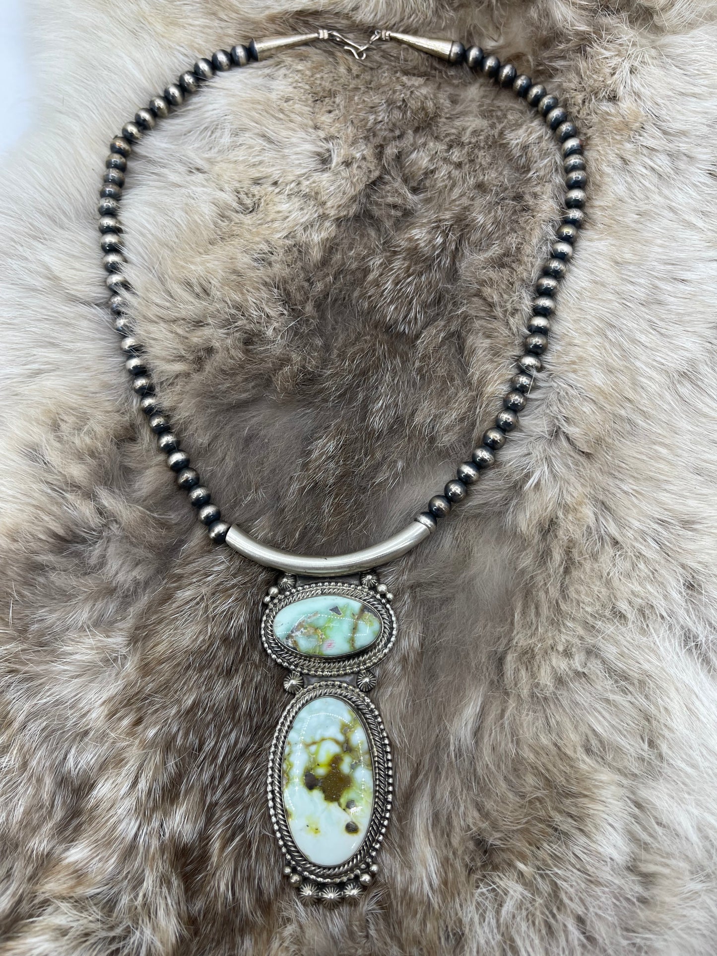 Palomino Turquoise 2 Stone Pendant on 18" 6mm Silver Pearls by Tom Lewis, Navajo