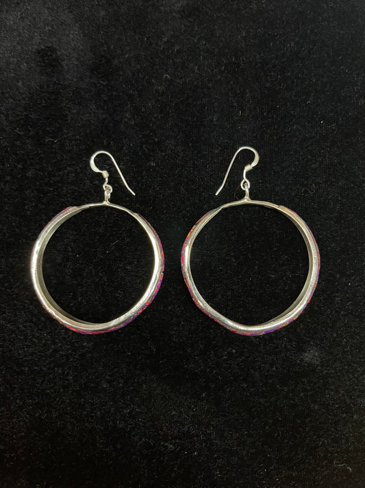 Pink Opal Inlay Hoop Earrings by Kerrie Peina, Zuni