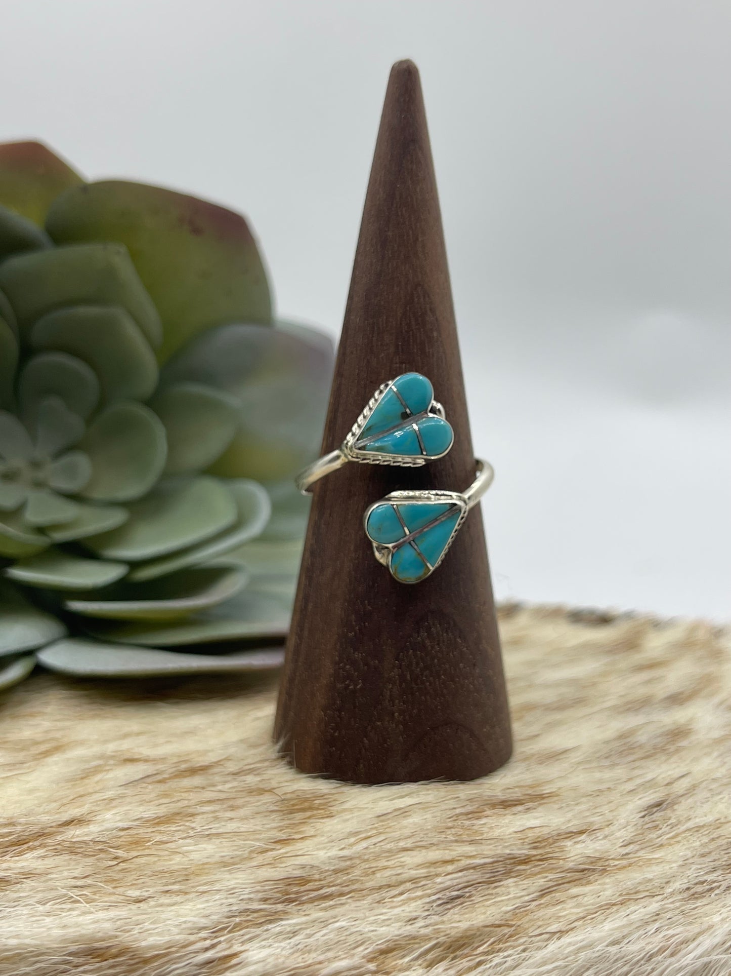 Adjustable Inlay Turquoise Double Heart Ring by Velda Nastacio, Zuni