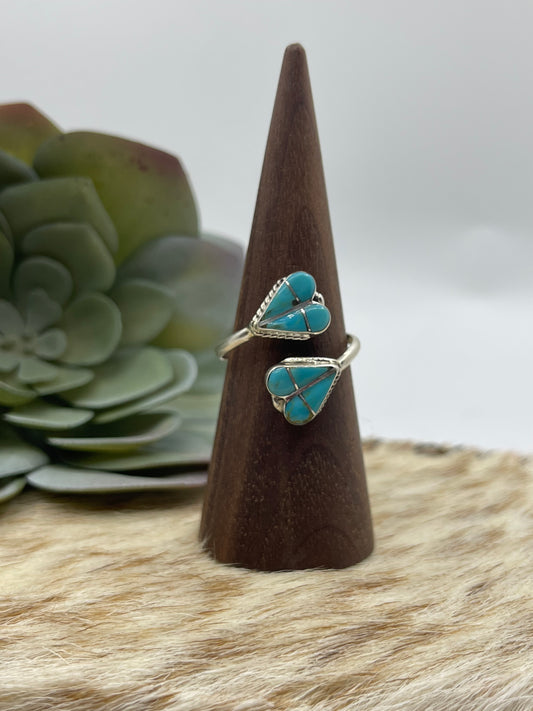 Adjustable Inlay Turquoise Double Heart Ring by Velda Nastacio, Zuni