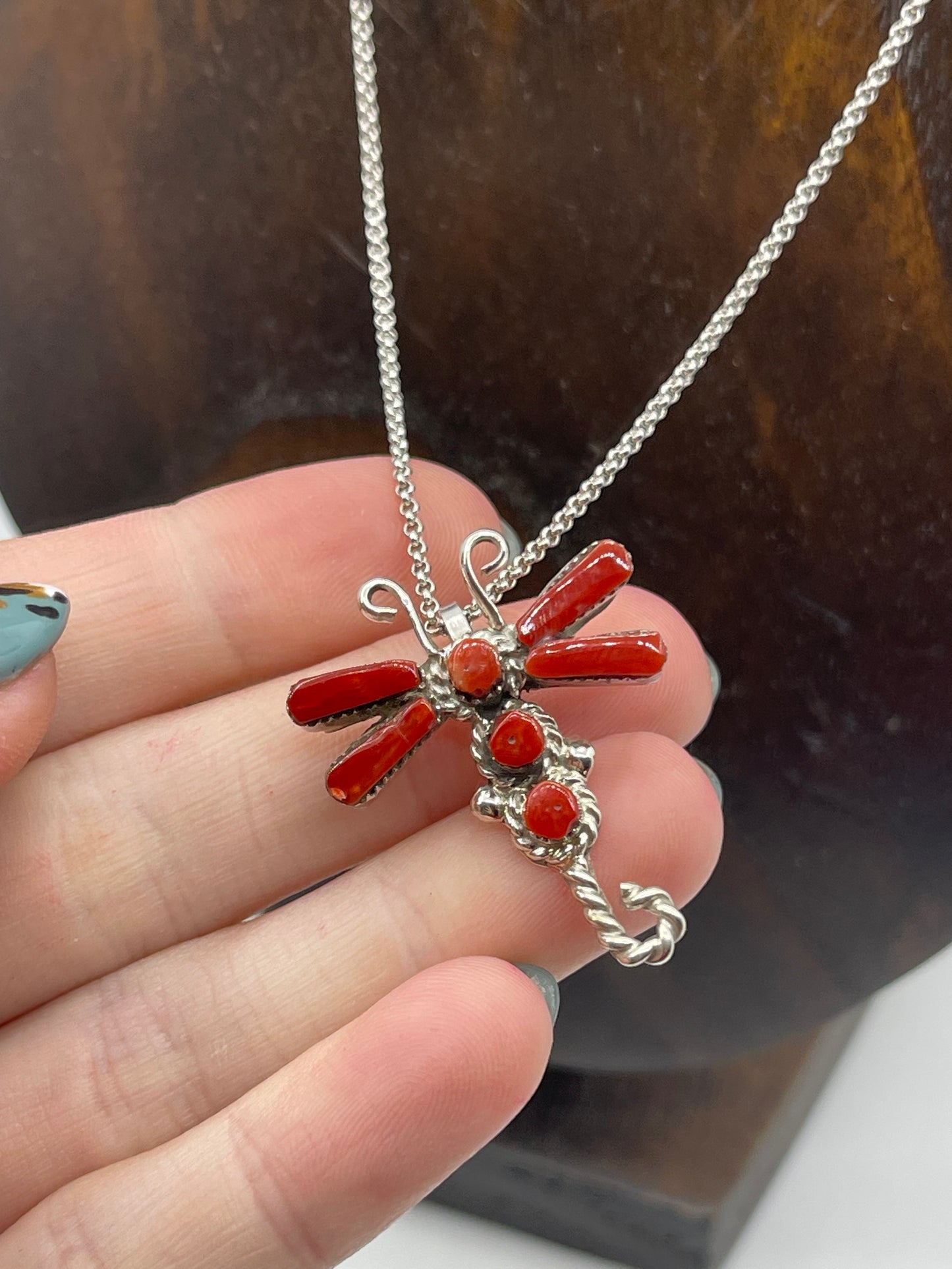 18" Red Coral Dragonfly Necklace by Jason Neha, Zuni