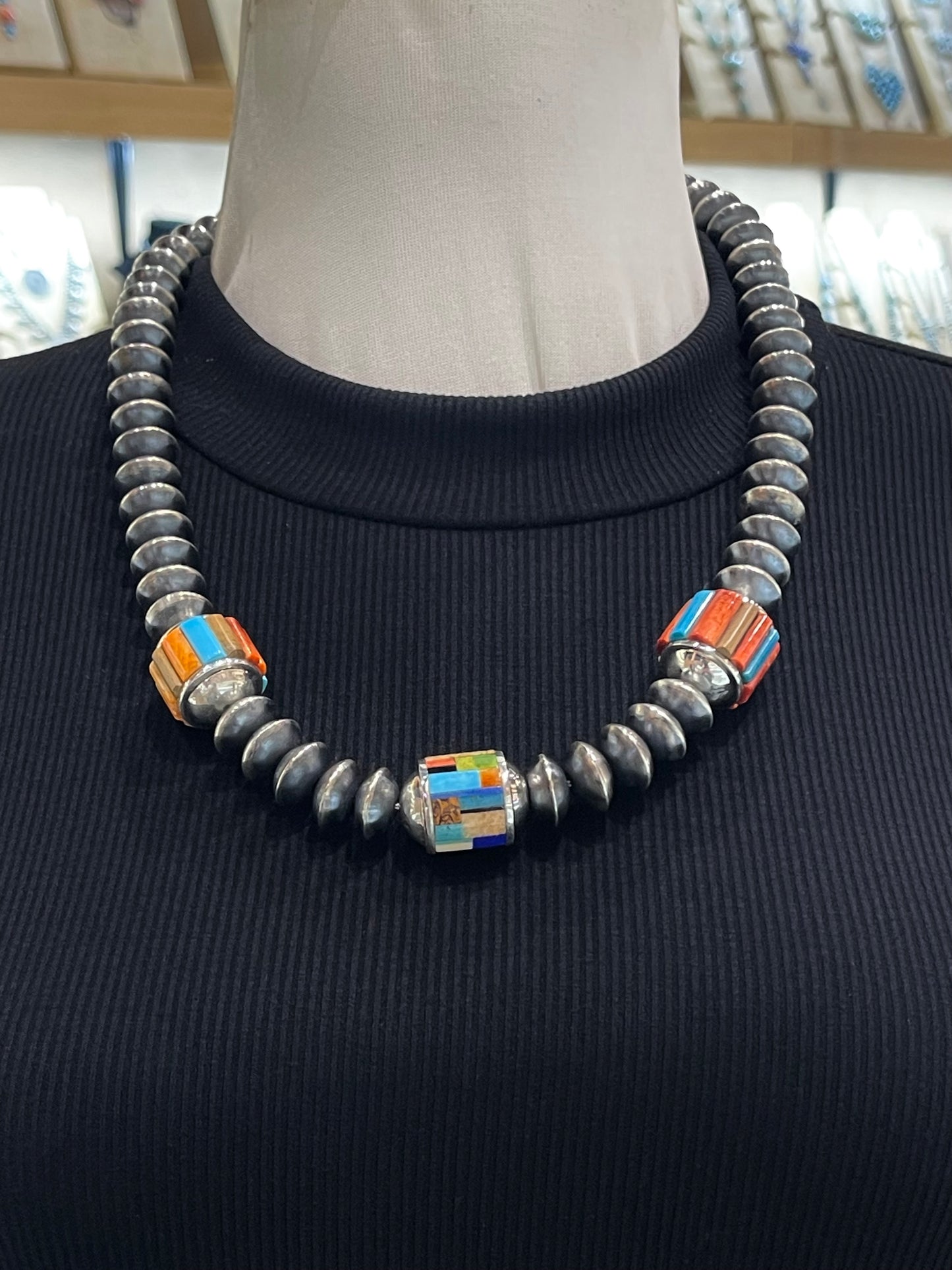 23” 14mm Handmade Navajo Pearls with Inlay Beads by Marie Jackson, Navajo