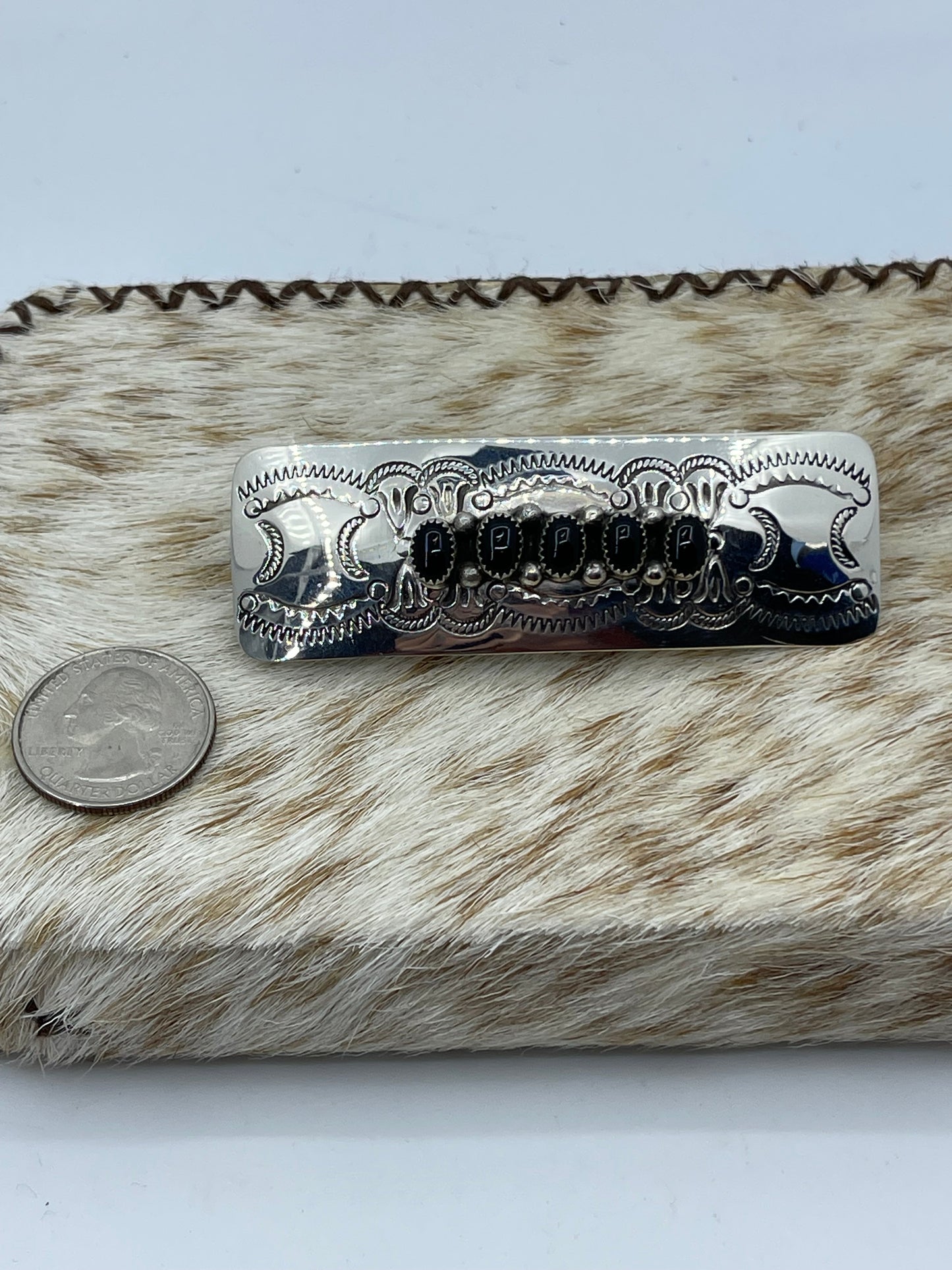 5 Stone Black Onyx Stamped Hair Barrette by Jolene Begay, Navajo