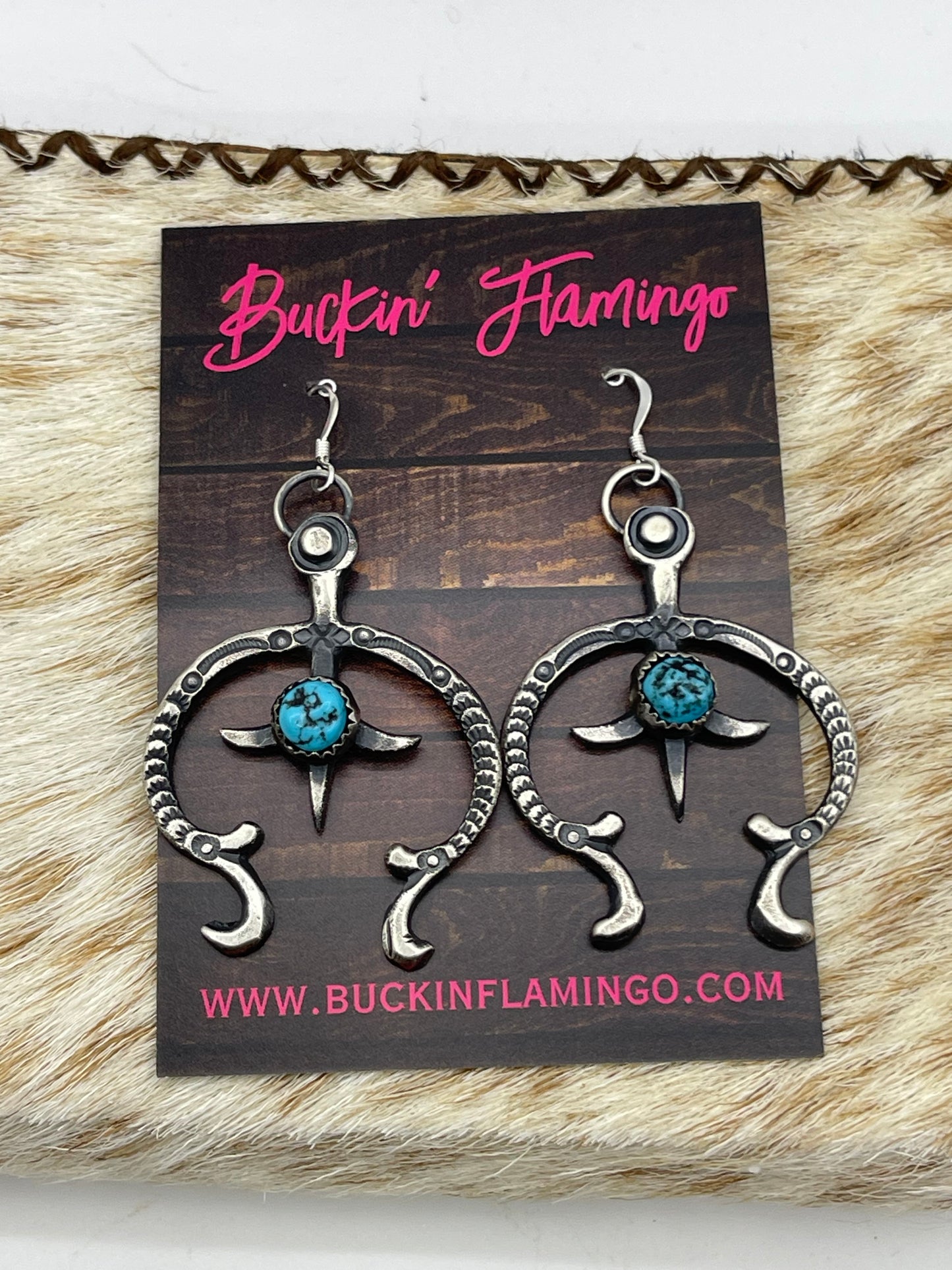 Tufa Cast Naja Turquoise Dangle Earrings by Eva and Linberg Billah, Navajo