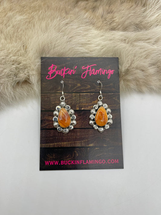 Orange Spiny Oyster Teardrop Earrings by Sheena Jack, Navajo