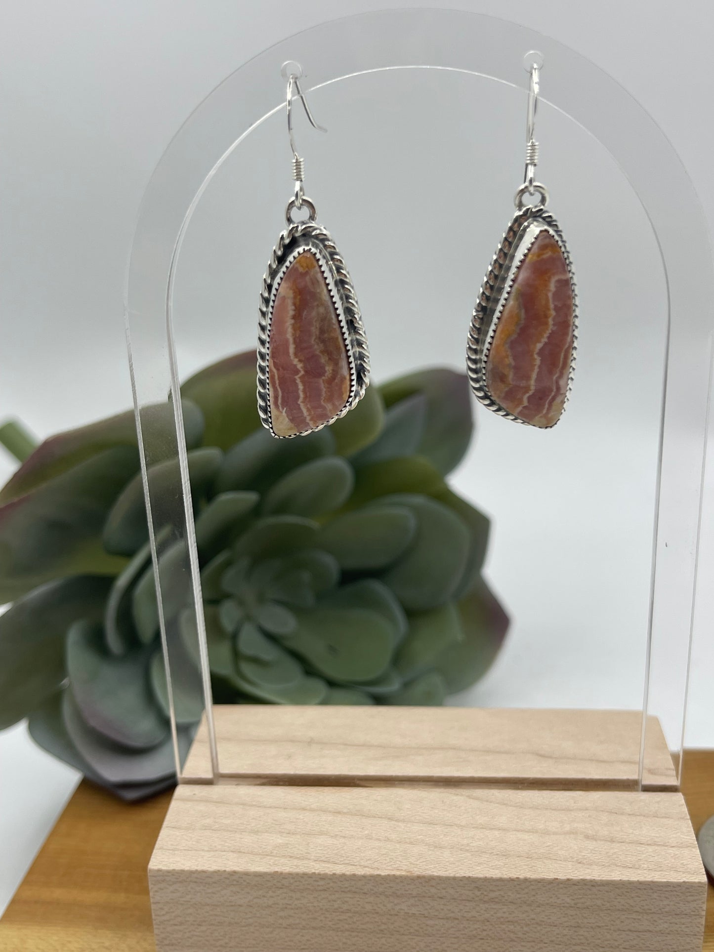 Triangle Rhodochrosite Dangle Earrings by Duane Smith, Navajo