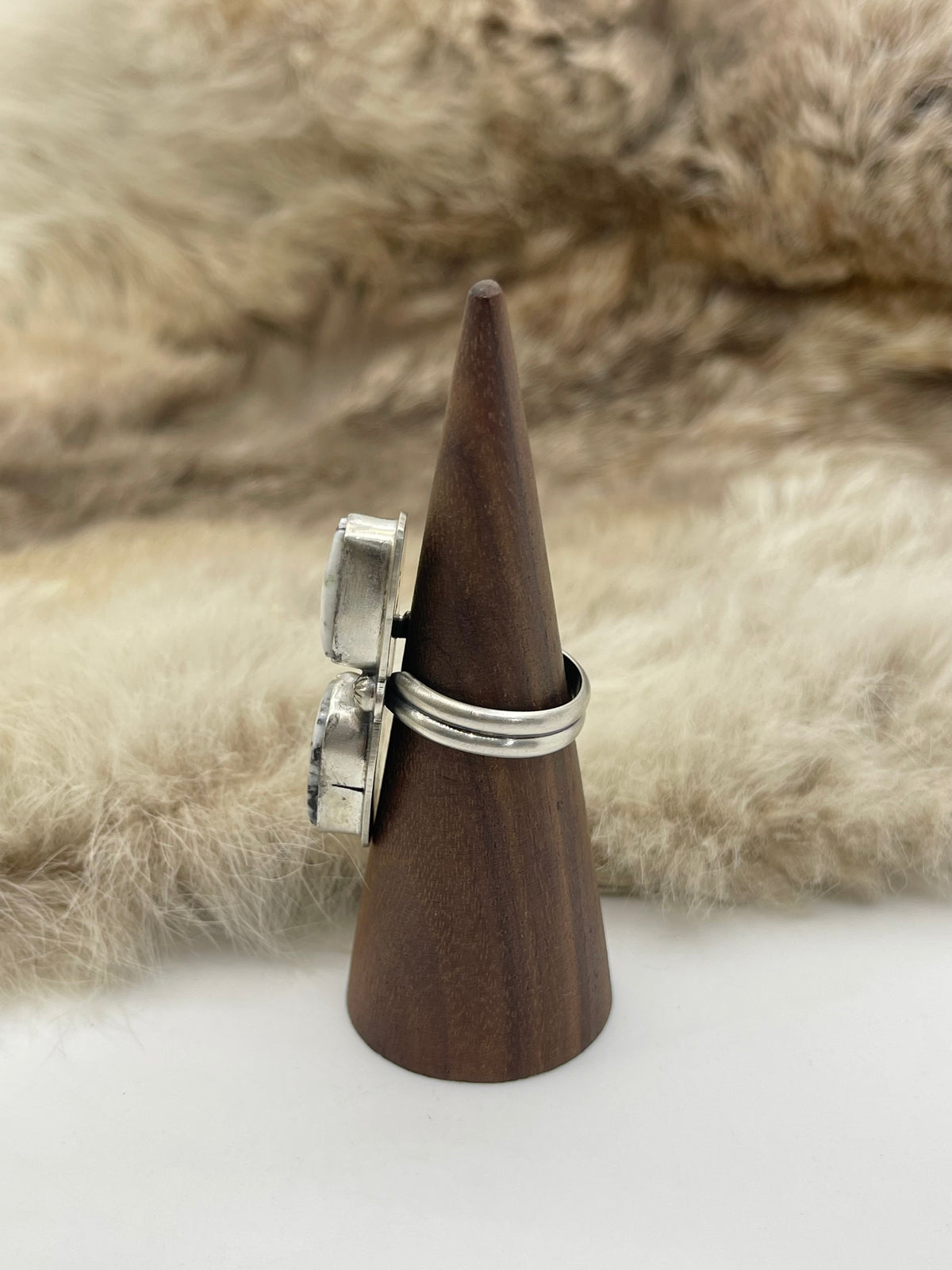 7.5 Semi Adjustable 2 Stone White Buffalo Ring by Boyd Ashley, Navajo