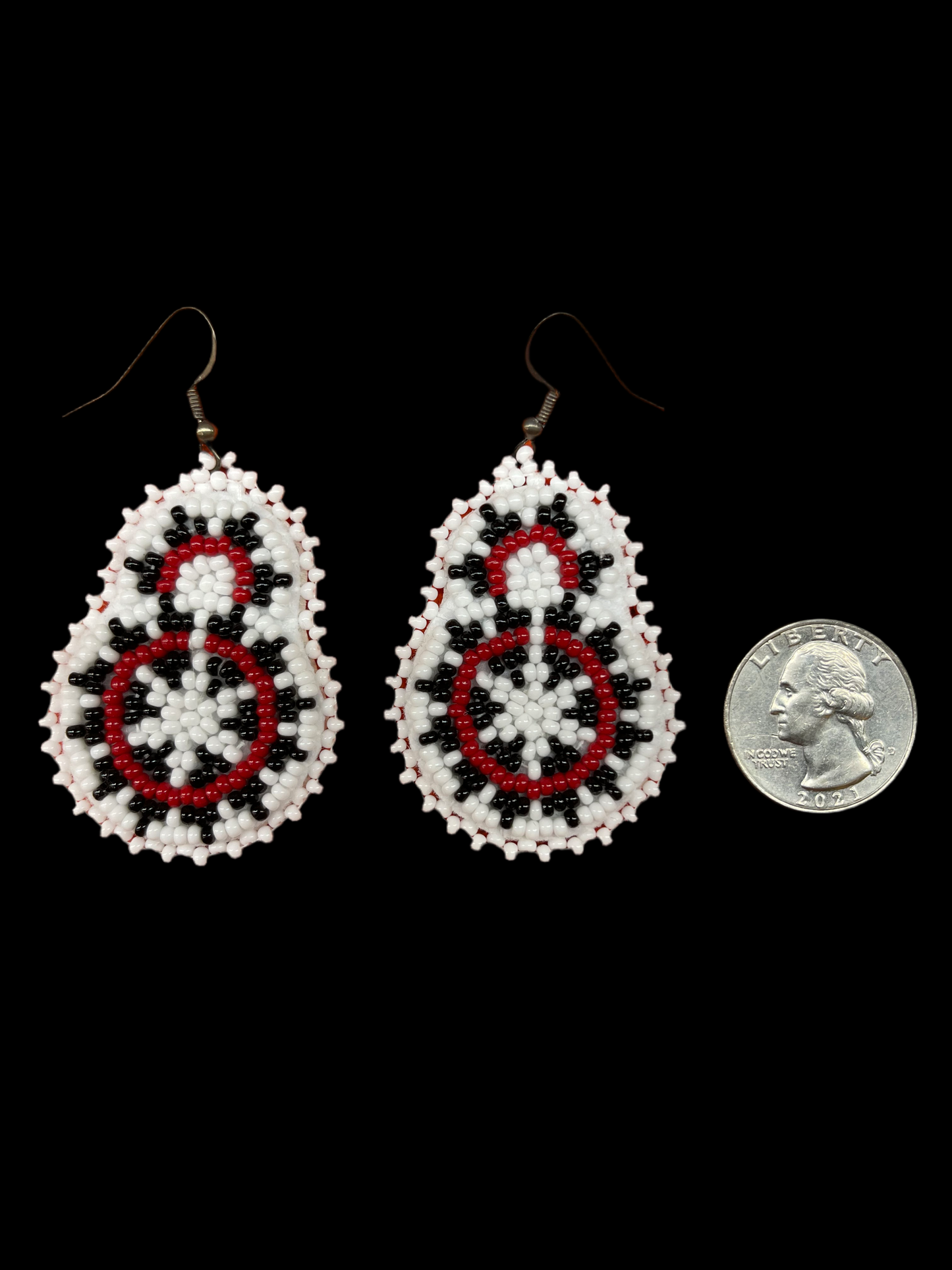 White, Black and Red Seed Bead Basket Design Dangle Hook Earrings