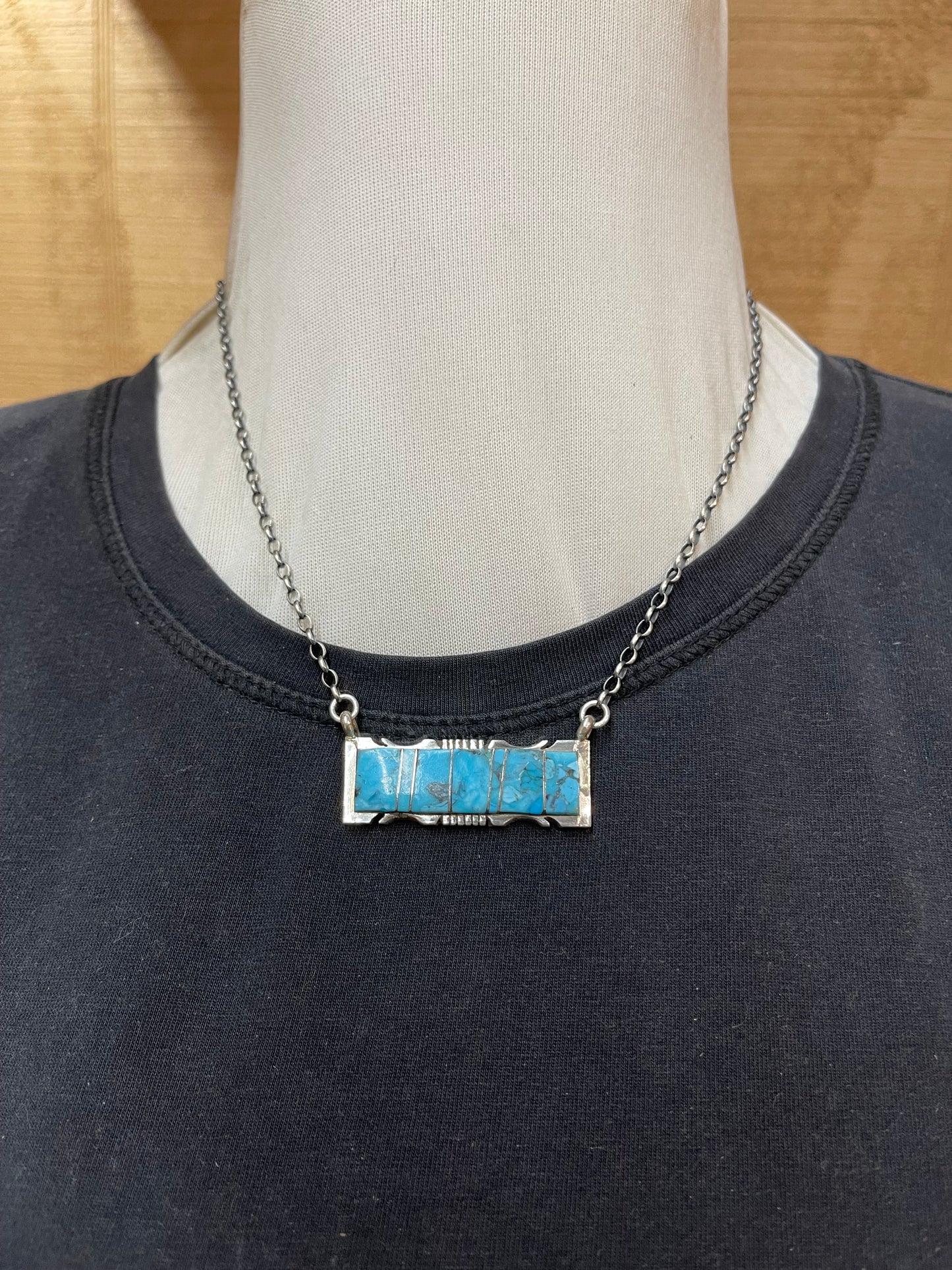 17" Kingman Turquoise Inlay Bar Necklace by Steve Francisco, Navajo