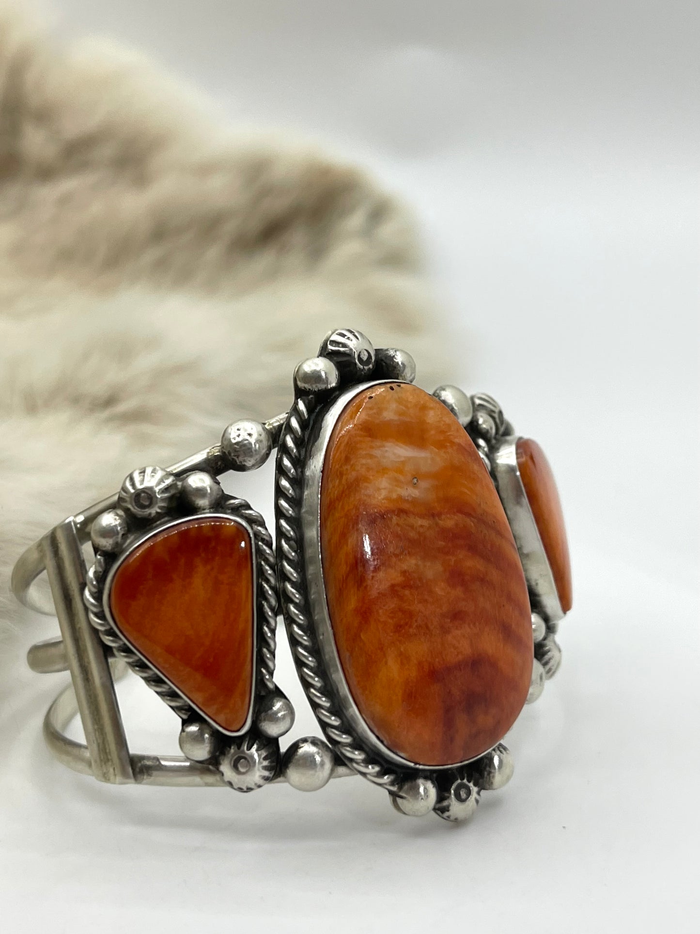 3 Stone Orange Spiny Oyster Cuff by Augustine Largo, Navajo