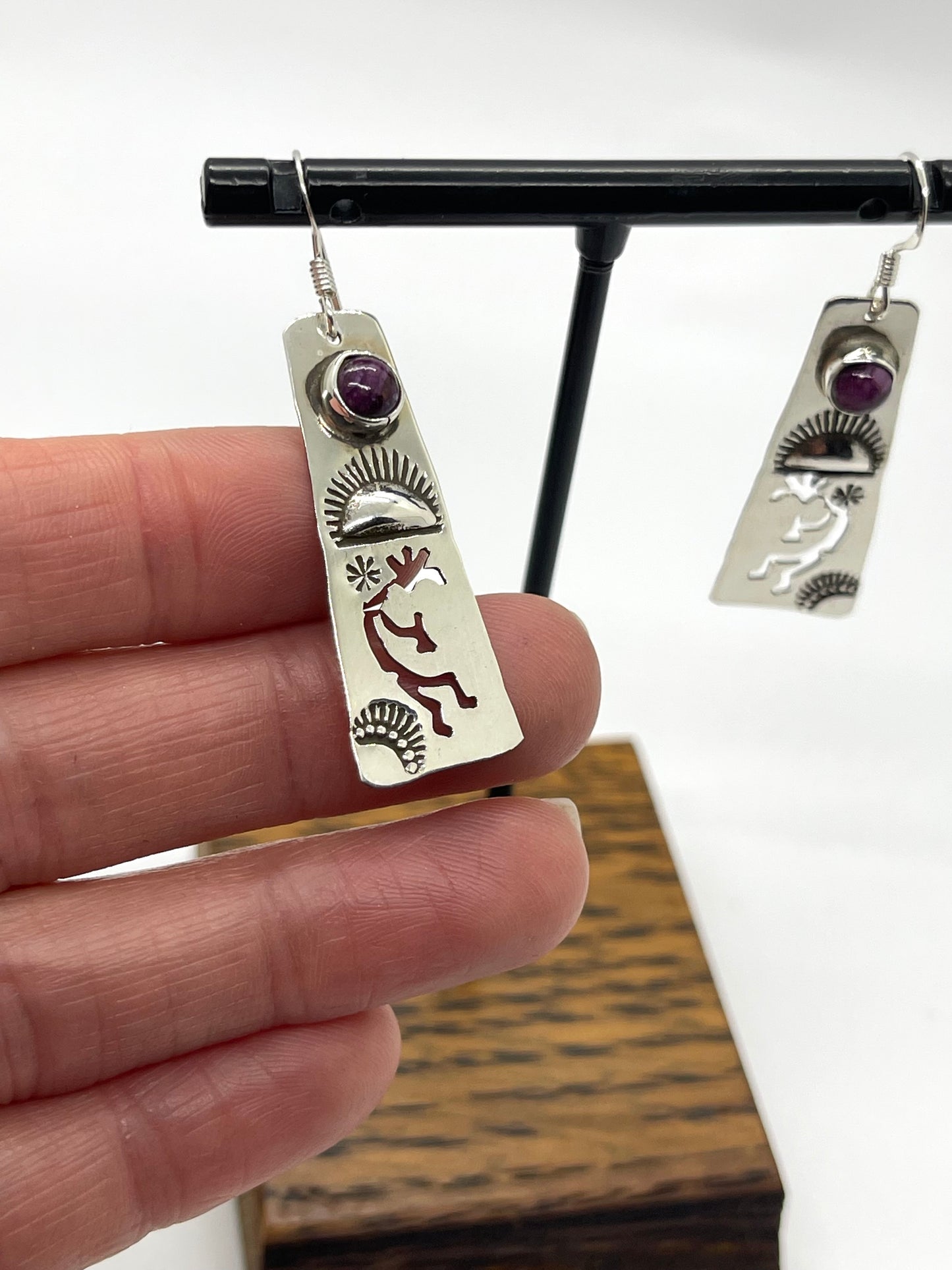 Silver Kokopelli Earrings with Spiny Oyster Coral by Jeff James Jr., Navajo