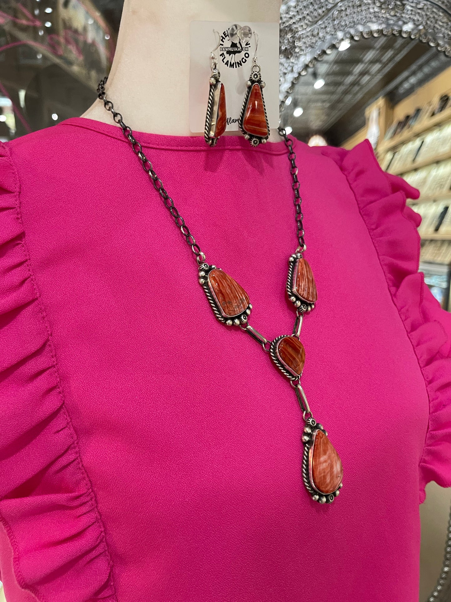 20"+3 1/2" Red Spiny Oyster Shell Lariat Necklace and Dangle Earrings Set by Augustine Largo, Navajo