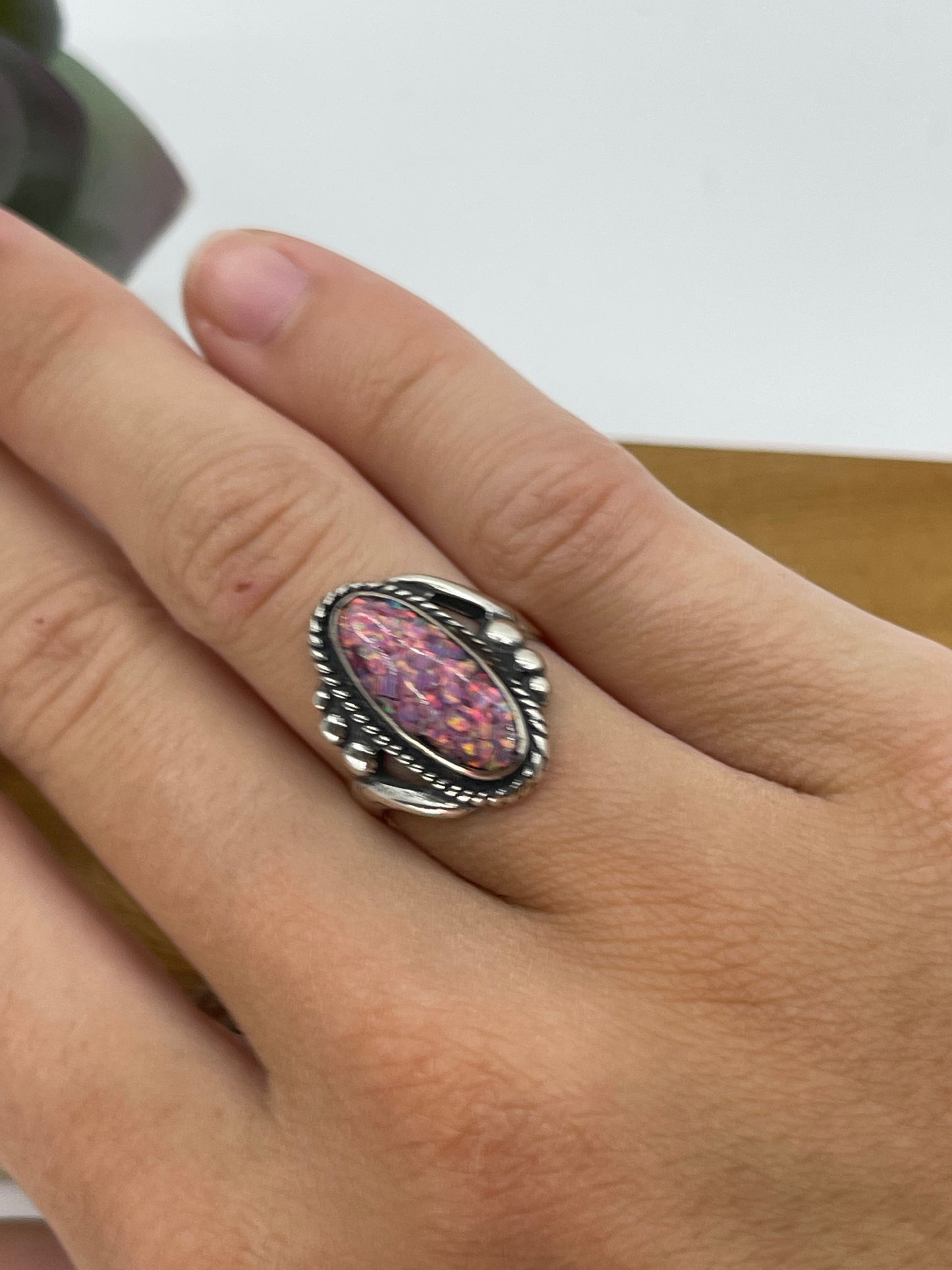 5.0 Pink Opal Oval ring by Running Bear, Navajo