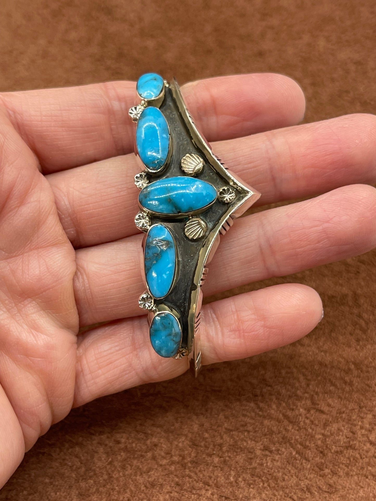 6 1/4"-7" 5 Stone Turquoise Chevron Cuff by Calvin Belin, Navajo