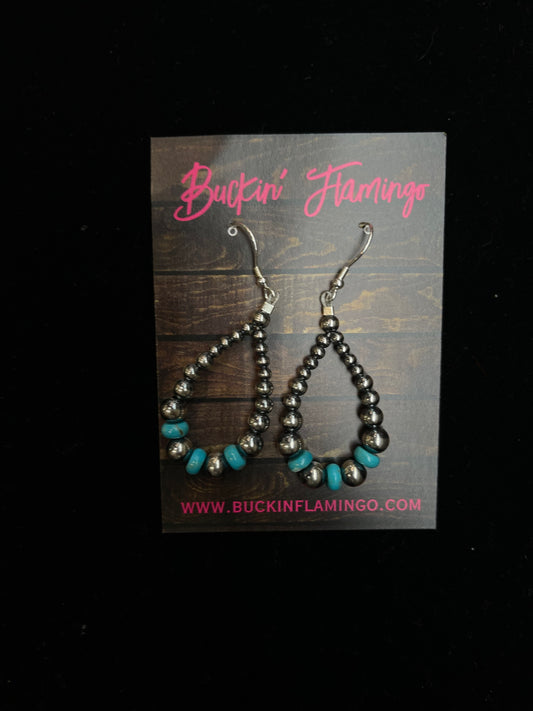 Graduated Navajo Pearl and Turquoise Teardrop Dangle Earrings