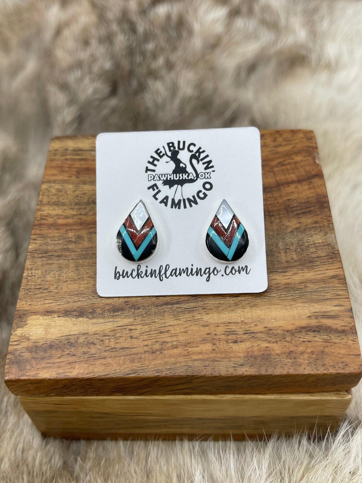 Teardrop Post Earrings with Chevron Inlay by James Cheama, Zuni