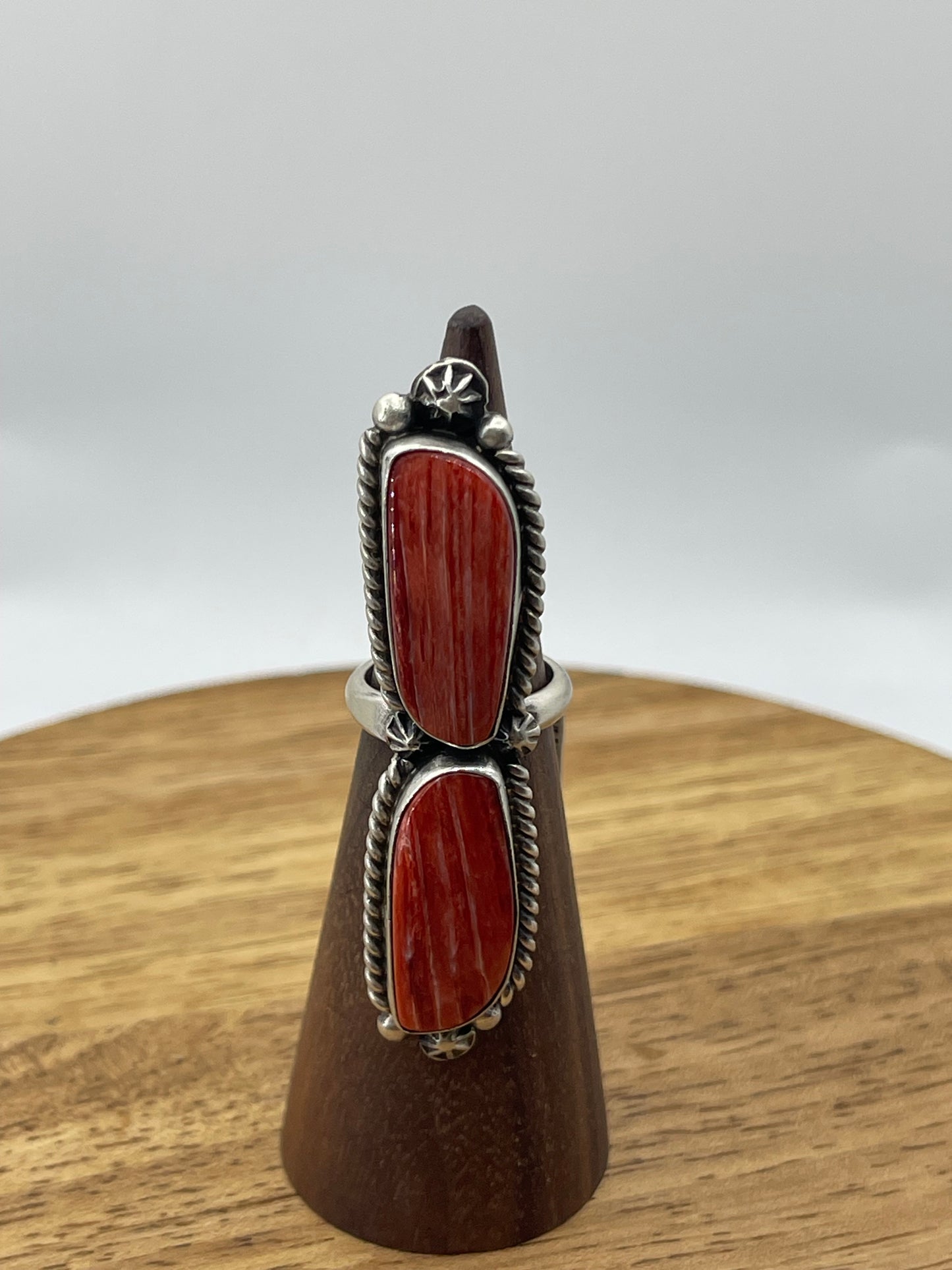 LOT 26 C 1/11 Adjustable 2 Stone Red Spiny Oyster Shell ring by Eugene Belone, Navajo