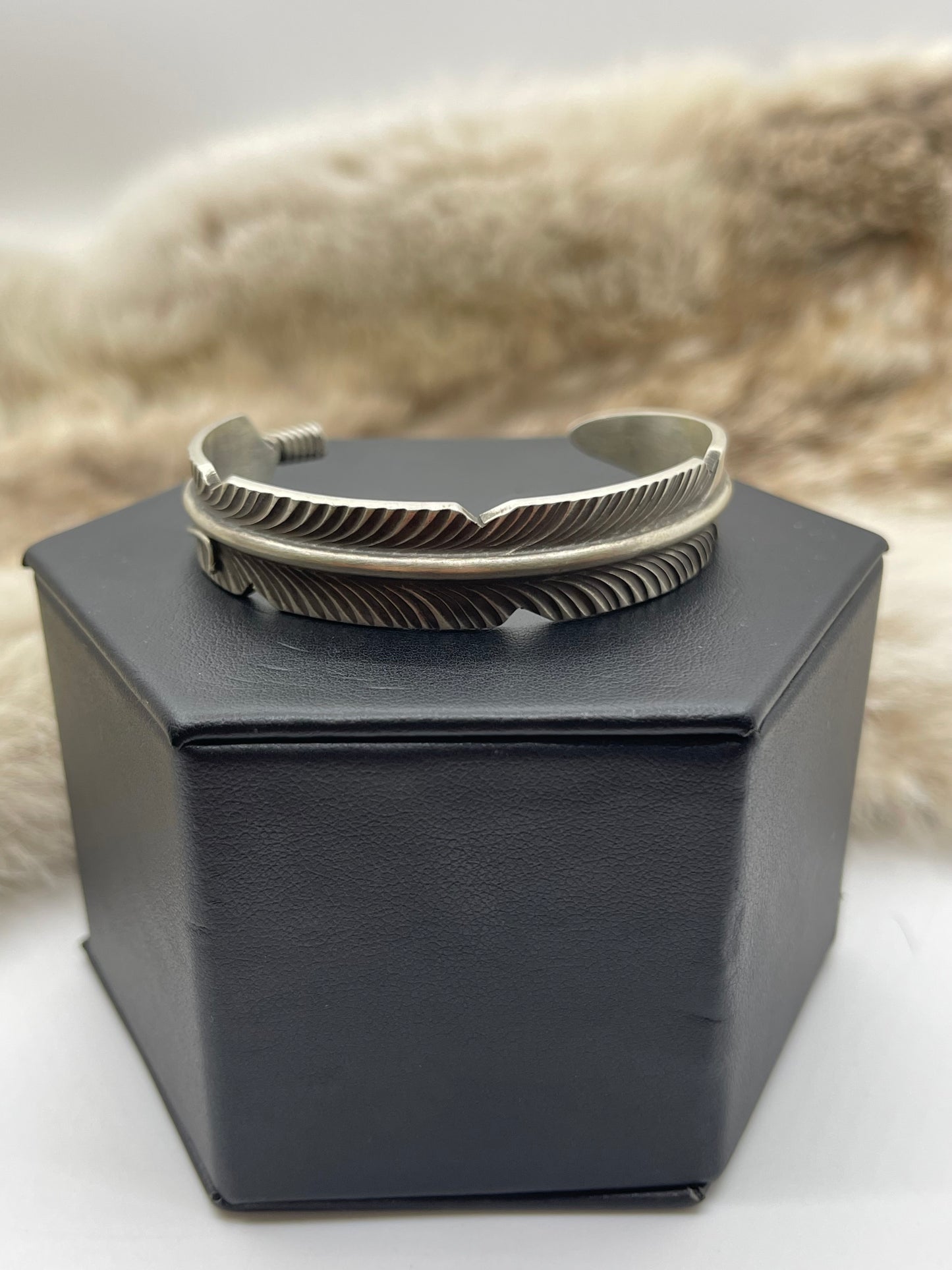 6”-6.5” Silver Feather Cuff by Chris Charley, Navajo