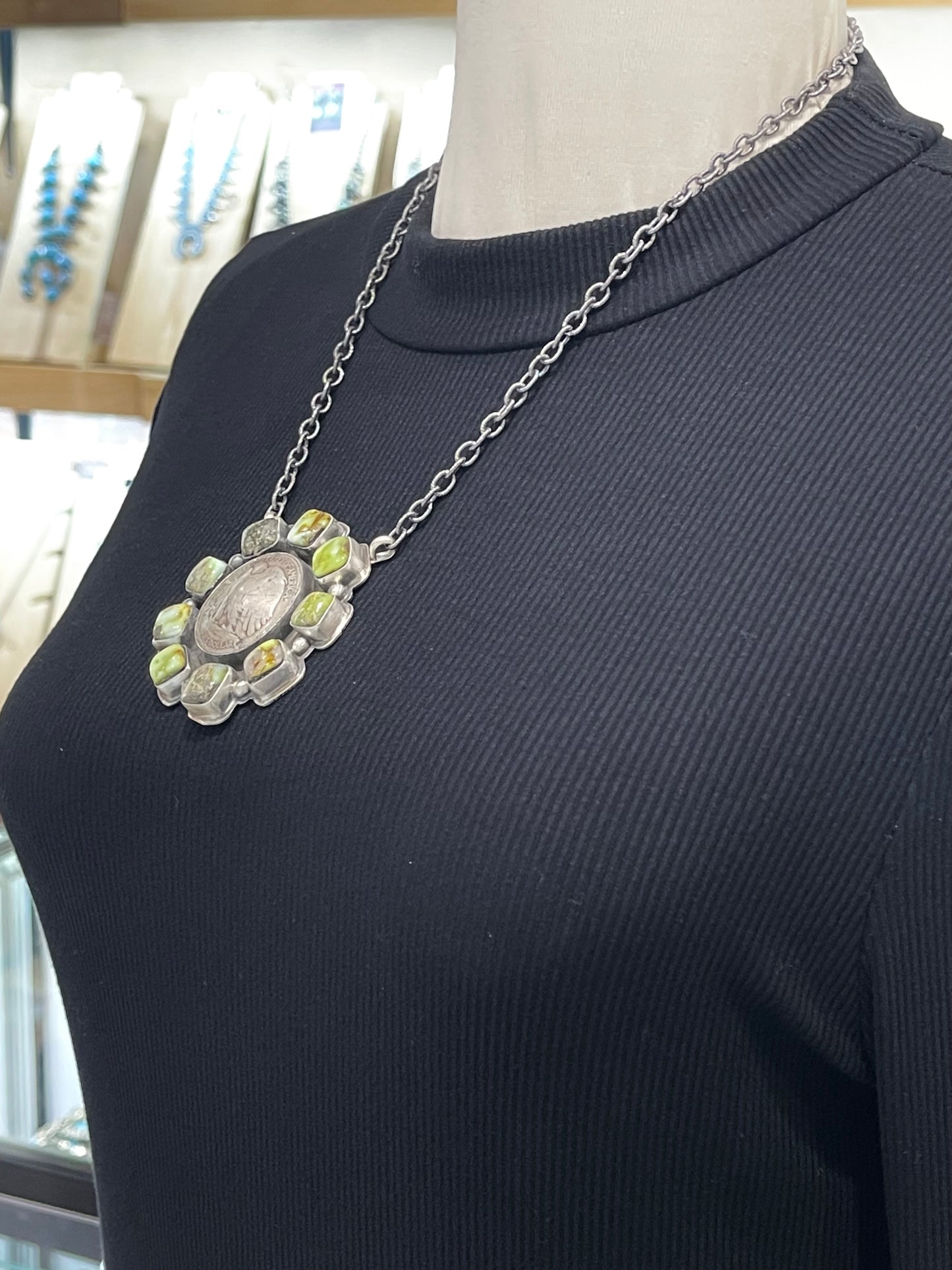 19" Eagle Silver Half Dollar with Palomino Turquoise Necklace