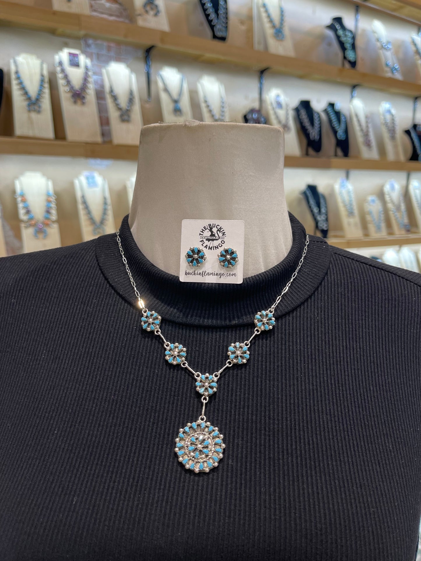 18” + 2” Drop Dainty Zuni Petit Point Cluster Lariat Necklace & Earring Set by Tricia Leekity, Zuni