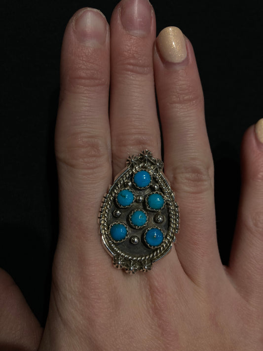 9.5 6 Stone Turquoise Teardrop Ring by Kenny Lonjose, Navajo