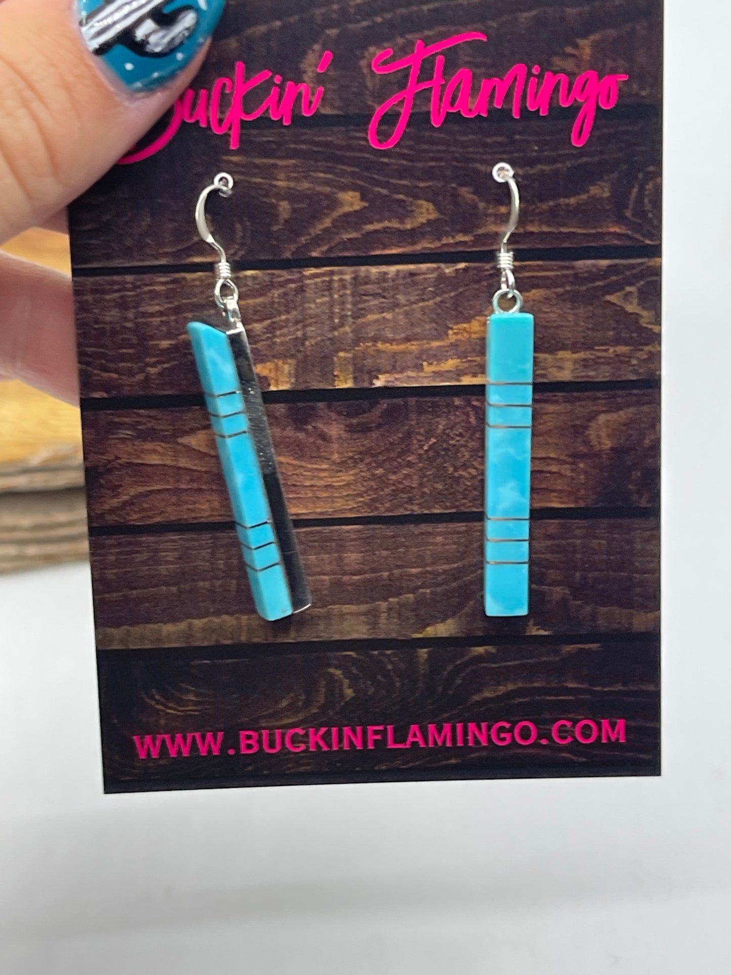 Turquoise Inlay Bar Dangle Earrings by MaDerral Kallestewa, Zuni