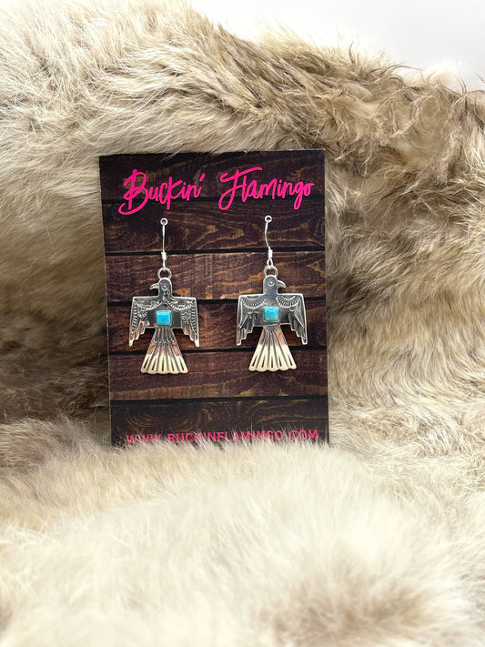 Thunderbird Dangle Earrings With Turquoise by Jeremy Delgarito, Navajo