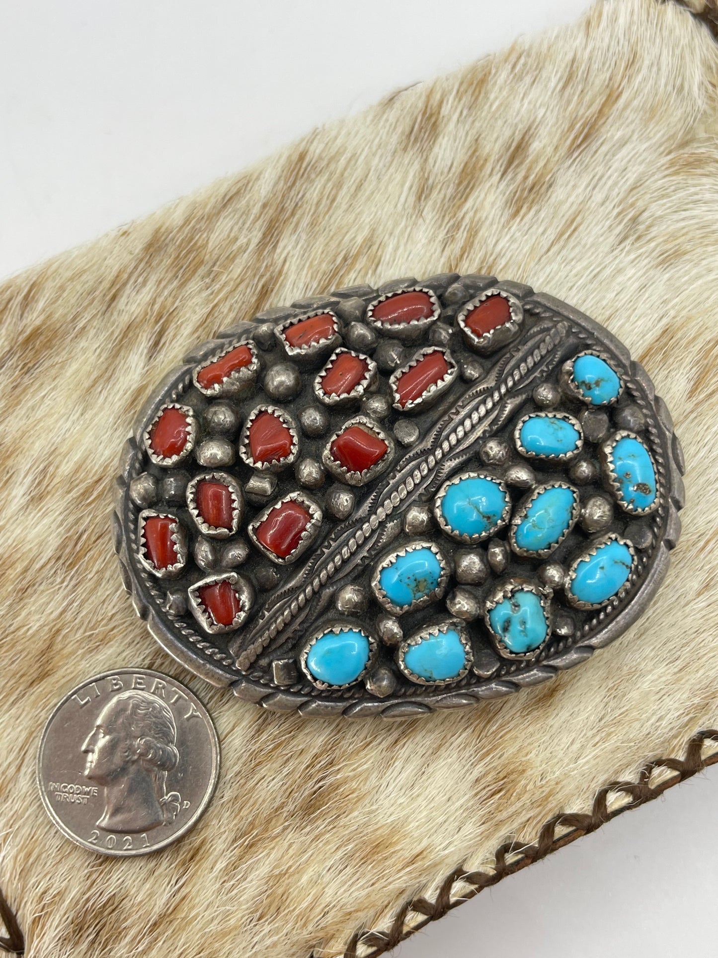 Vintage Sleeping Beauty Turquoise and Coral Belt Buckle, Navajo Made