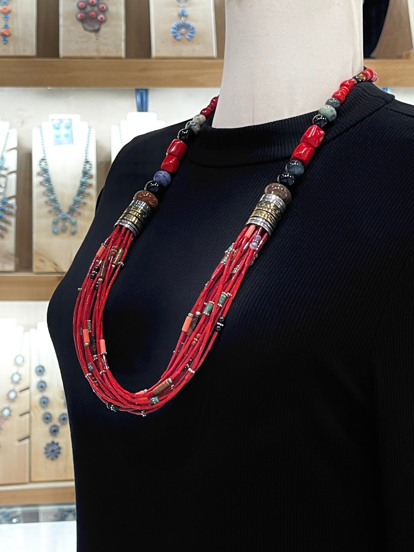 30" Natural Red Coral Multi-Stone/Multi Strand by Tommy & Rose Singer, Navajo