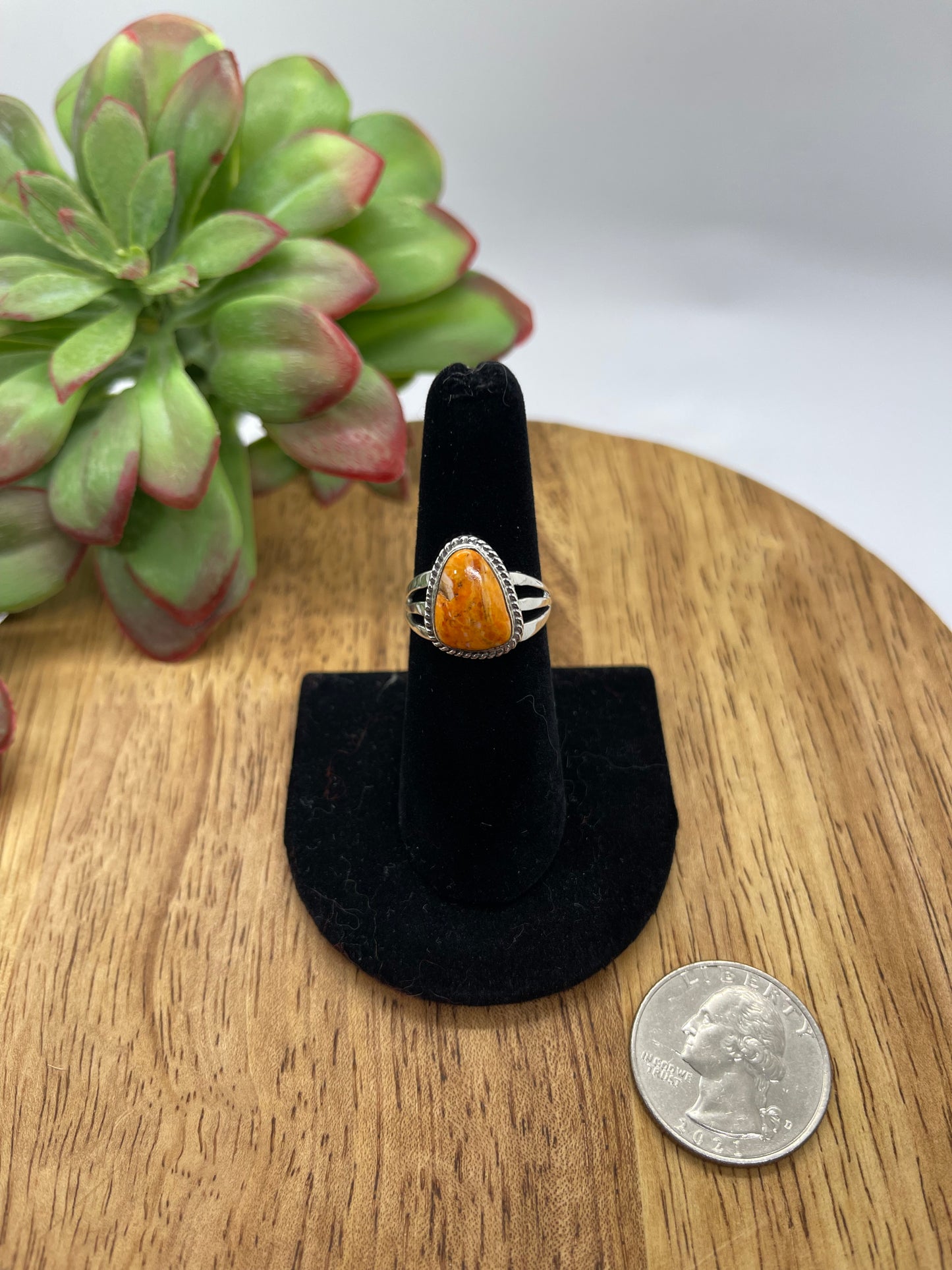 6.5 Orange Spiny Oyster Shell Triangle Ring by Tom Dinesto, Navajo