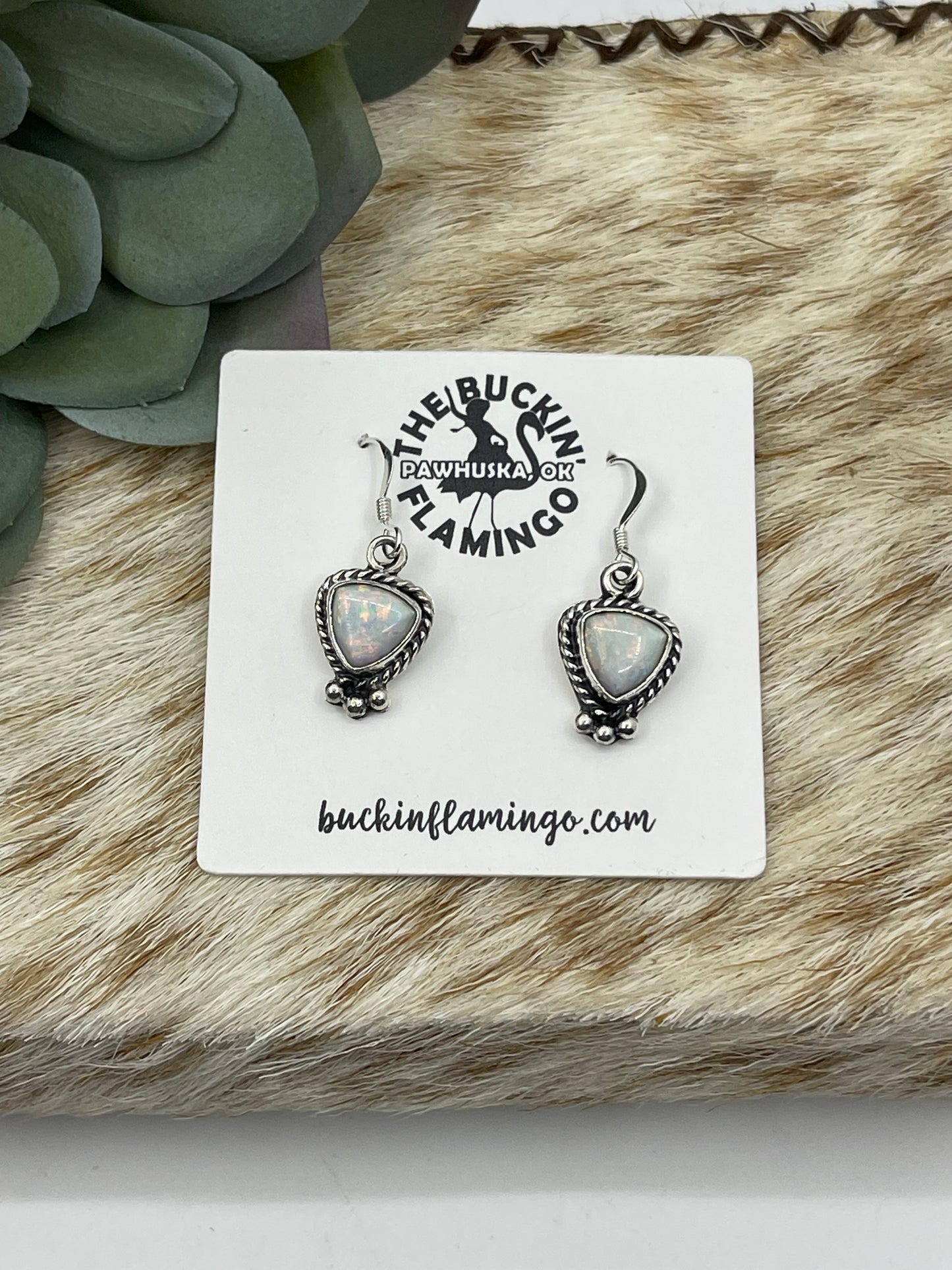 White Opal Rounded 11 mm Triangle Dangle Earrings