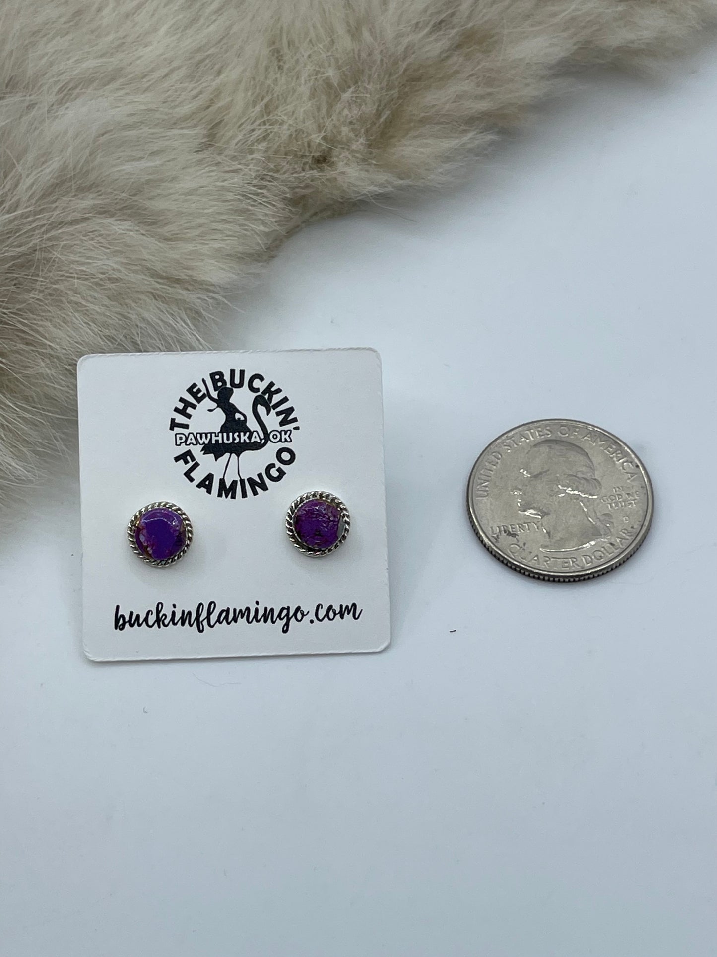 ORANGE CRUSH WITH PURPLE STUD EARRINGS BY MARCHELLE QUALO, ZUNI
