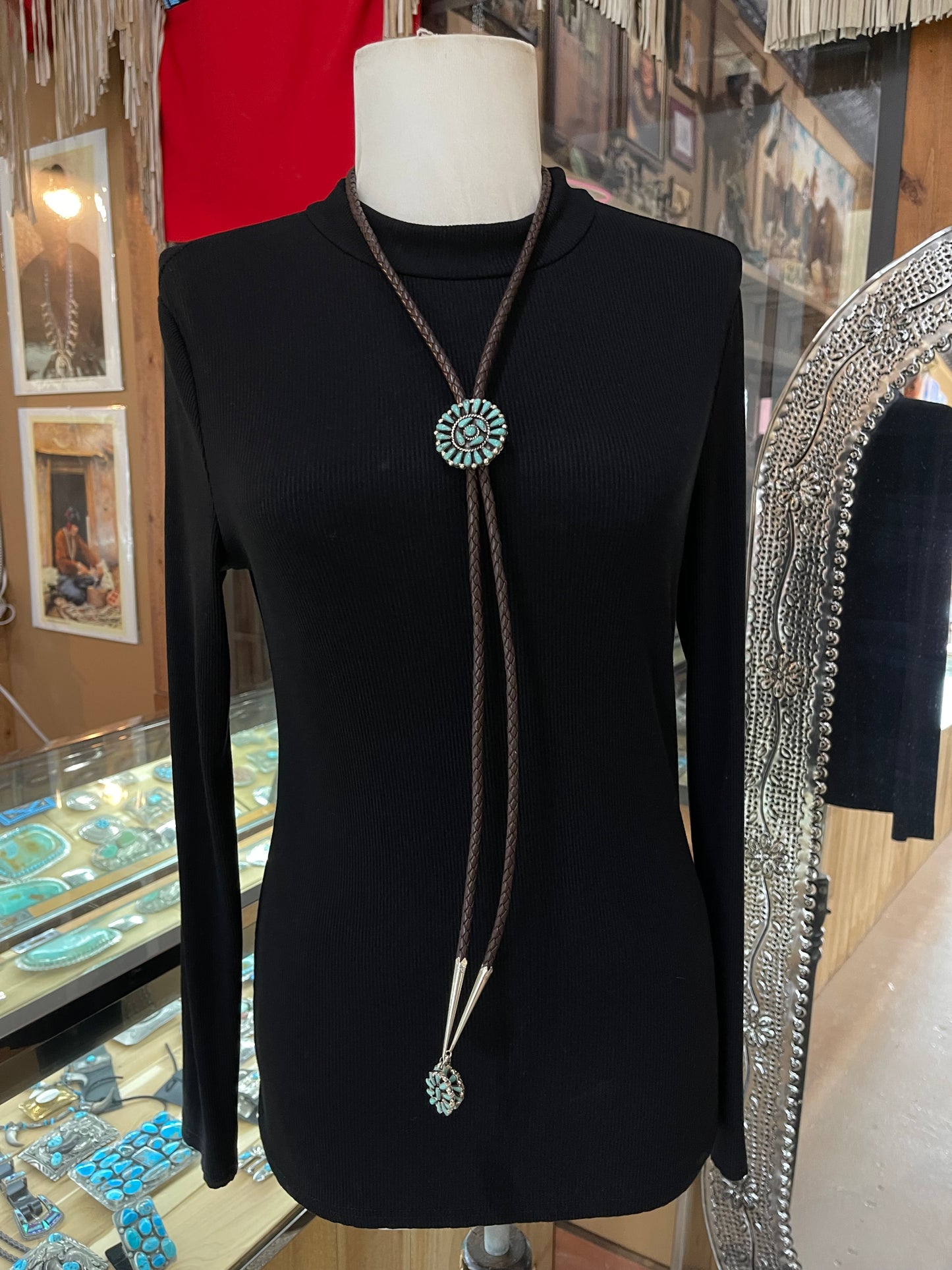 Turquoise Cluster Bolo Tie with a Brown Leather Chord