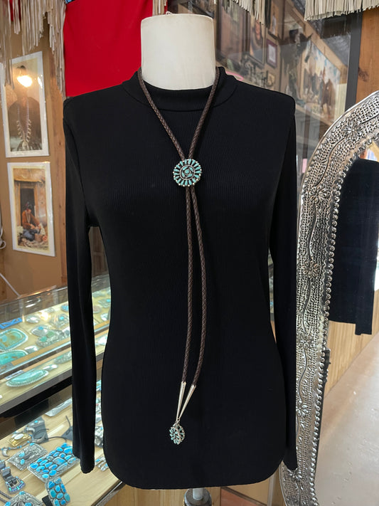 Turquoise Cluster Bolo Tie with a Brown Leather Chord