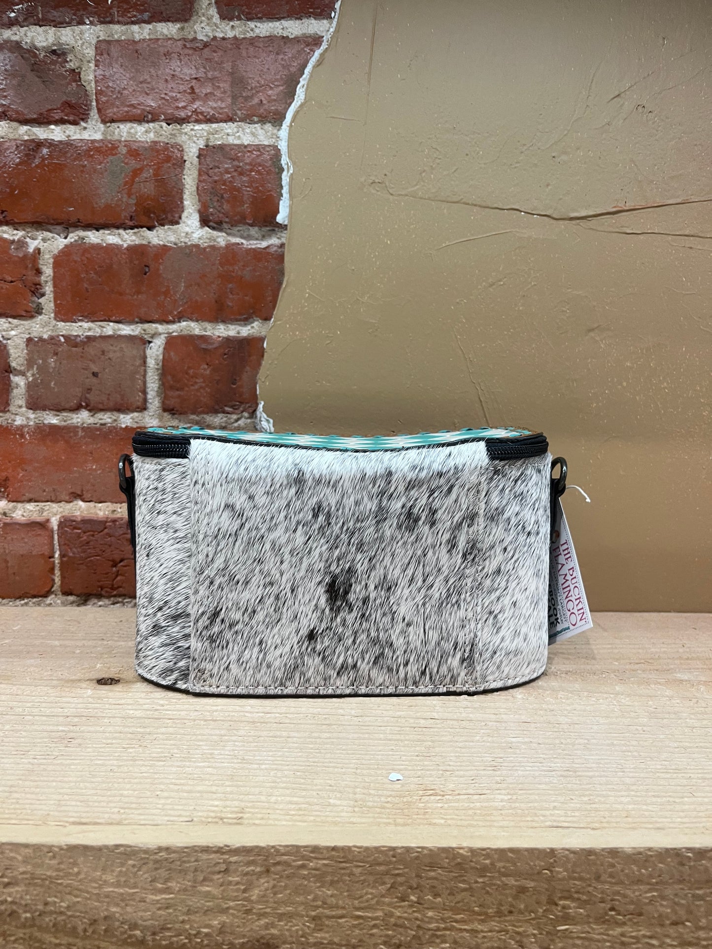 Cowhide and Leather Teal and Black Checkered Makeup Bag