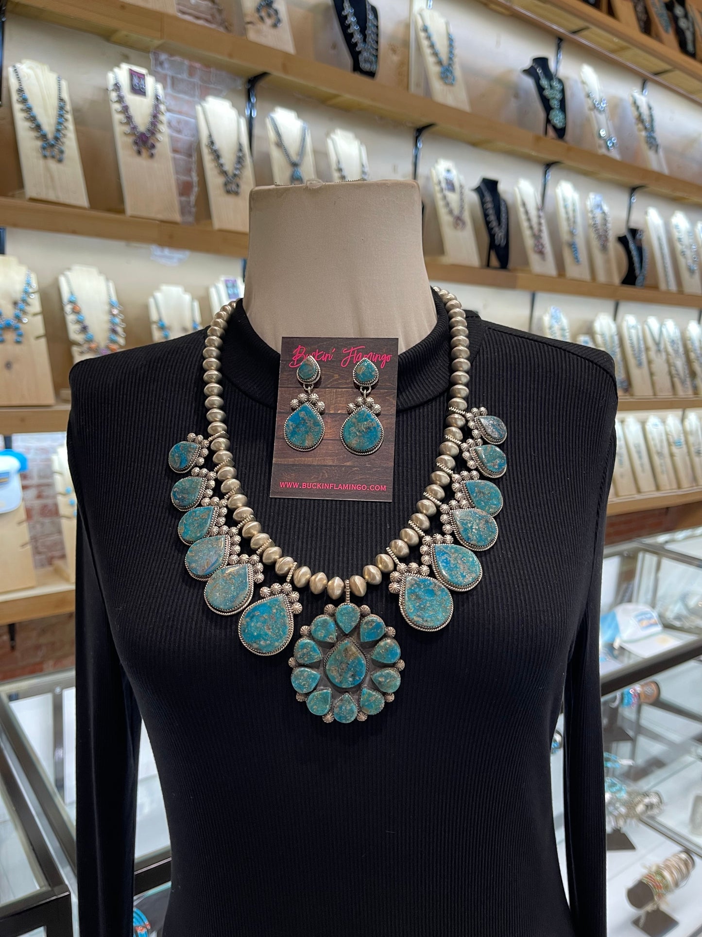 24” 24" Handmade Navajo Pearls Kingman Turquoise Cluster Necklace Squash Blossom & Earring Set by Selina Warner, Navajo