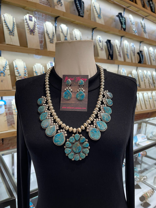 24” 24" Handmade Navajo Pearls Kingman Turquoise Cluster Necklace Squash Blossom & Earring Set by Selina Warner, Navajo