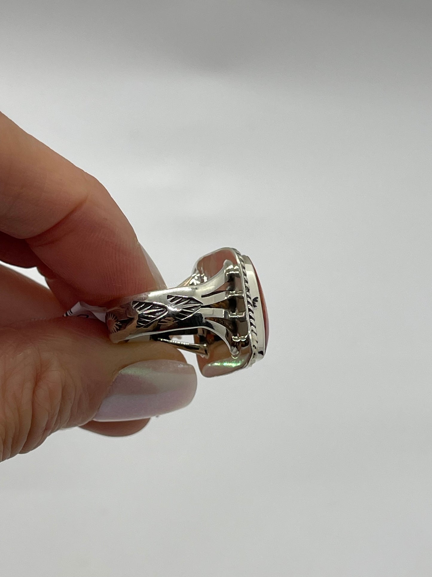 5.0 Red Spiny Oyster Shell Ring by Sheena Jack, Navajo