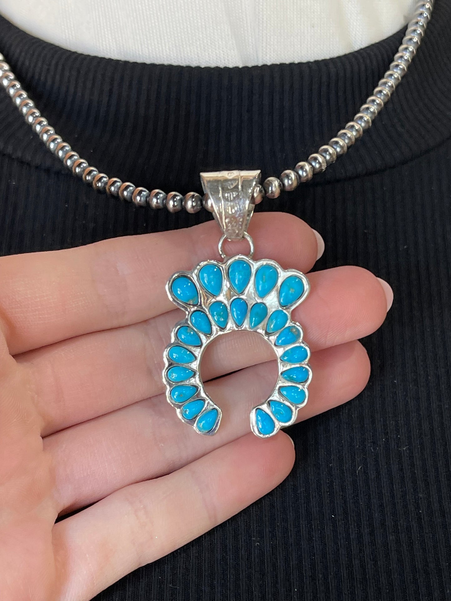 18" 4mm Navajo Pearls with Turquoise Naja 7.6mm Bale Pendant by Jimson Belin, Navajo