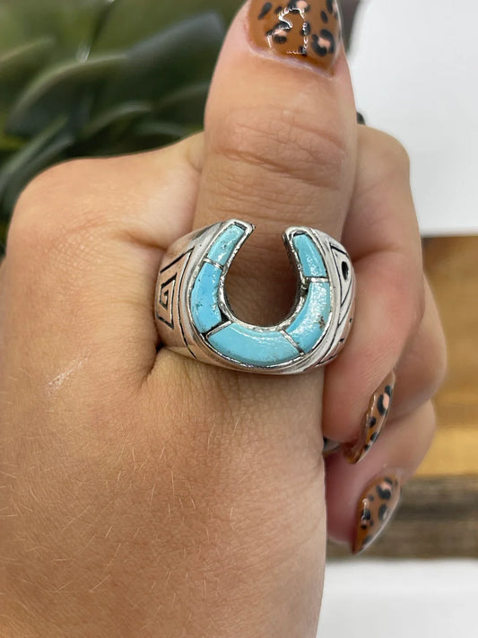 10.0 Turquoise Inlay Horshoe Ring by Bevis Tsadiasi, Zuni