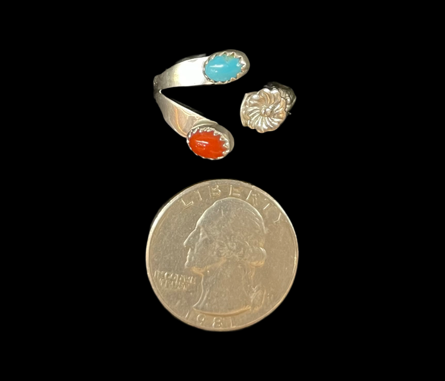 8.0-12.0 Turquoise and Red Coral Adjustable Ring by Robert Martinez, Navajo