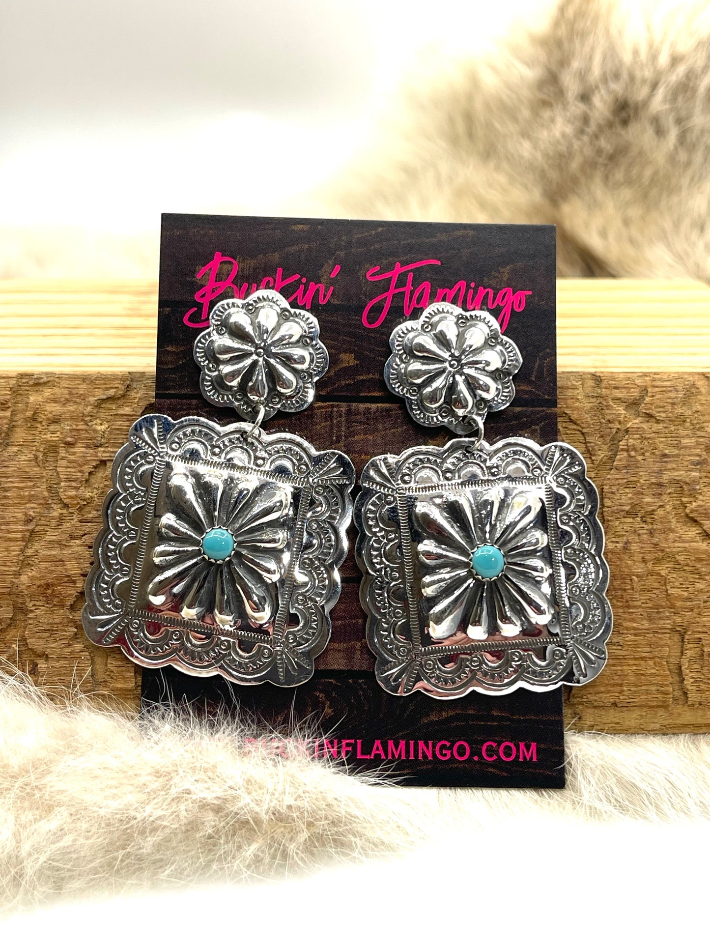 Lightweight Double Concho Stamped Post w/Turquoise Earrings by Genevieve Blackgoat, Navajo