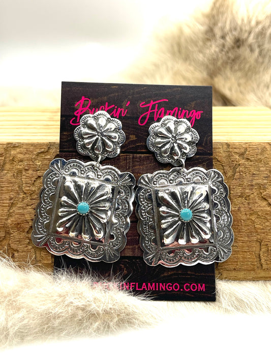 Lightweight Double Concho Stamped Post w/Turquoise Earrings by Genevieve Blackgoat, Navajo